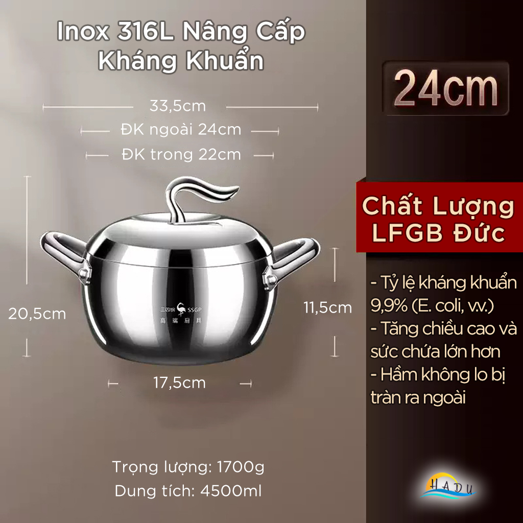 Nồi Inox 316L SSGP Đáy 3 Lớp, Thiết Kế Hình Quả Táo, Dùng Bếp Từ, Đạt Chất Lượng LFGB Đức