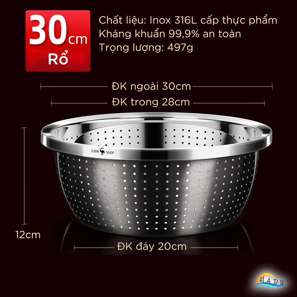 Bộ Rổ và Chậu Inox 304 SSGP, Đa Năng Rửa Rau Củ, Xếp Chồng Gọn, Nhiều Size, Đạt Chất Lượng LFGB Đức