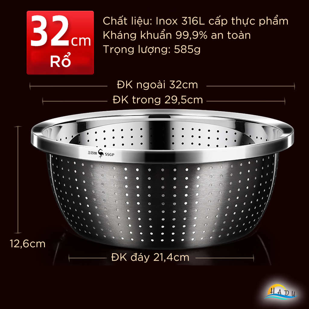 Bộ Rổ và Chậu Inox 304 SSGP, Đa Năng Rửa Rau Củ, Xếp Chồng Gọn, Nhiều Size, Đạt Chất Lượng LFGB Đức