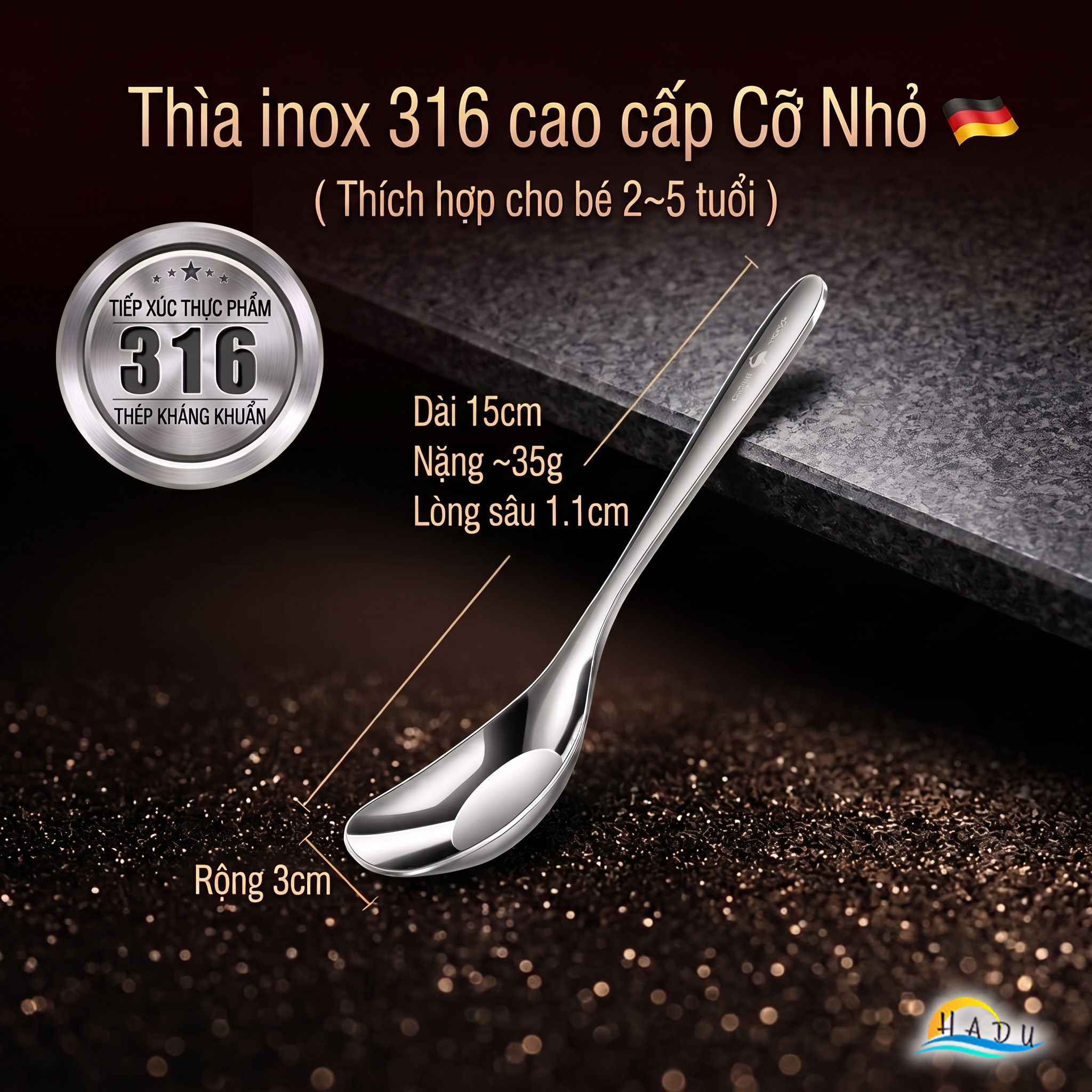 Thìa Phục Vụ Đa Năng SSGP, Inox 316L, Đầu Sâu, Kháng Khuẩn, Đạt Chất Lượng LFGB Đức