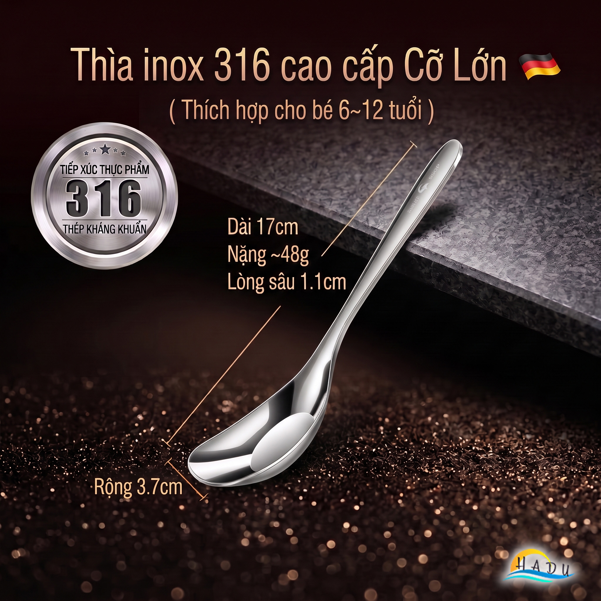 Thìa Phục Vụ Đa Năng SSGP, Inox 316L, Đầu Sâu, Kháng Khuẩn, Đạt Chất Lượng LFGB Đức