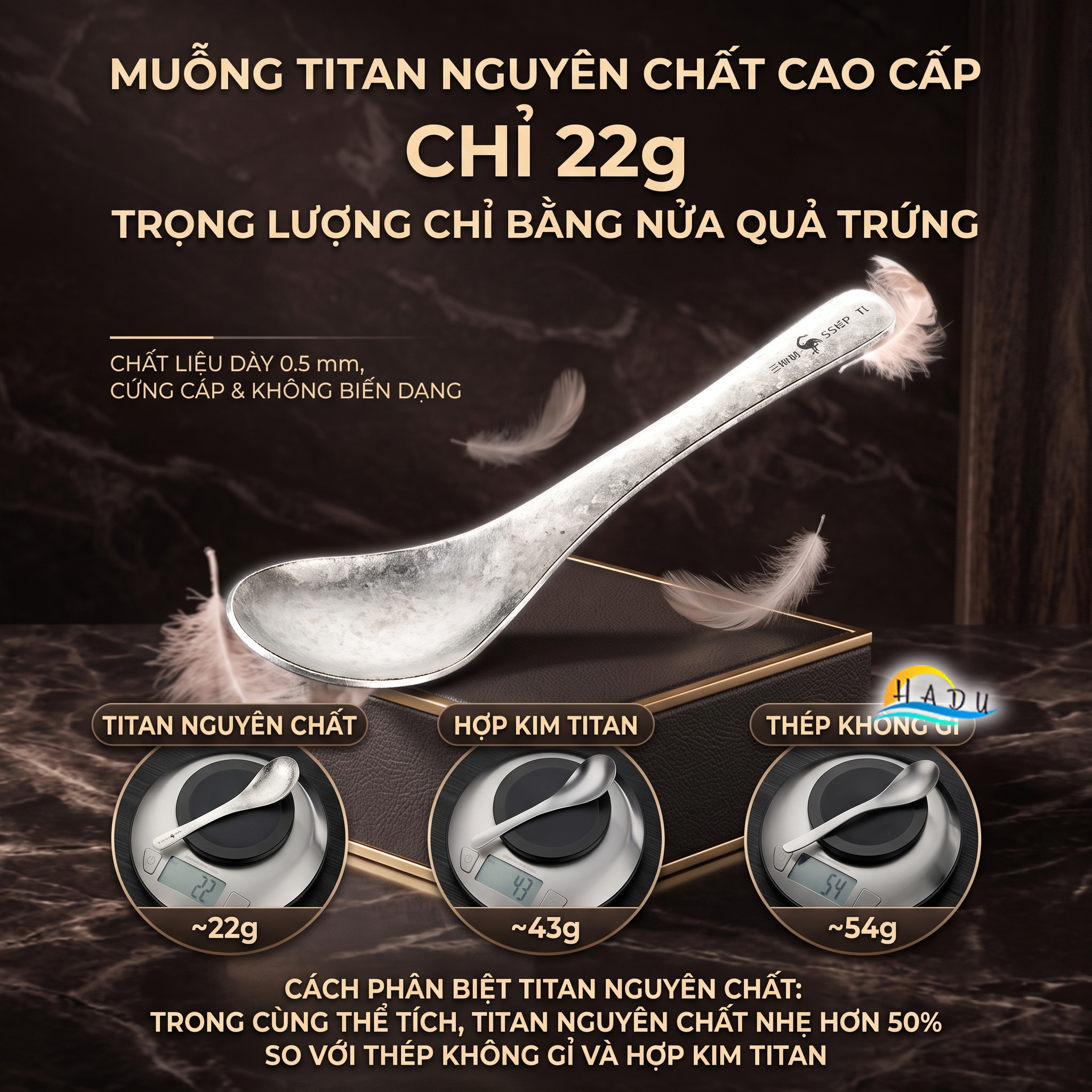 Thìa Ăn Titan Nguyên Chất SSGP, Siêu Nhẹ 22g, Kháng Khuẩn, Dài 15.5cm, Đạt Chất Lượng LFGB Đức
