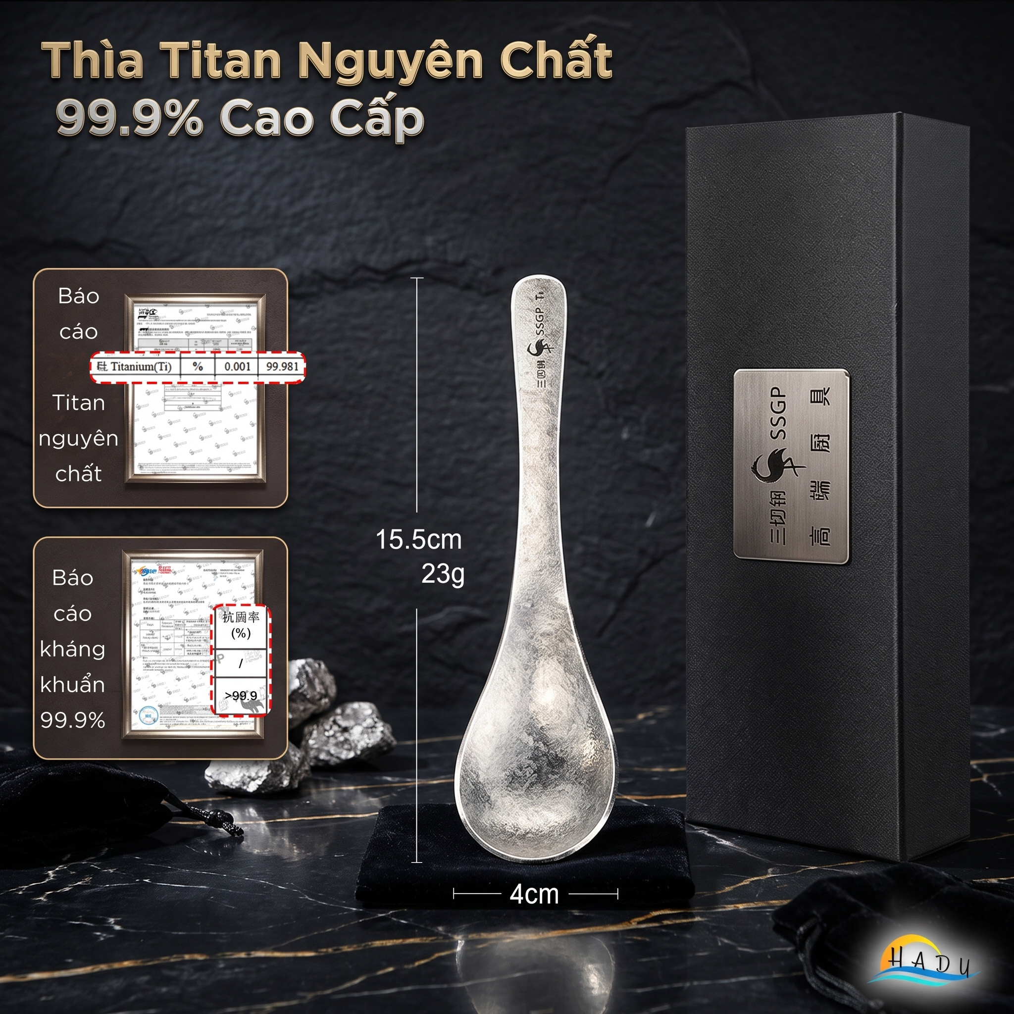 Thìa Ăn Titan Nguyên Chất SSGP, Siêu Nhẹ 22g, Kháng Khuẩn, Dài 15.5cm, Đạt Chất Lượng LFGB Đức