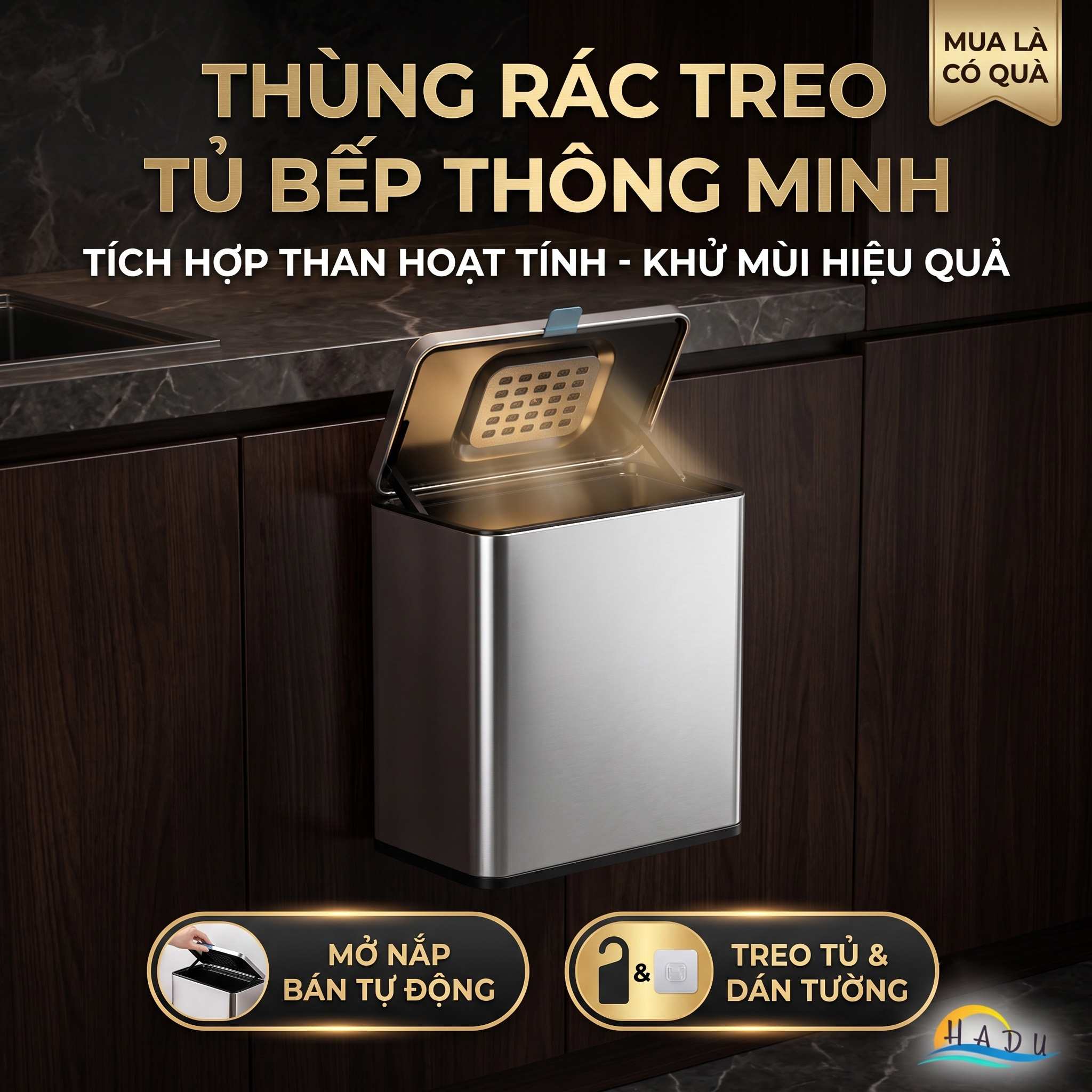Thùng Rác Treo Tủ Bếp CCKO 3L 6L, Khử Mùi Than Hoạt Tính, Vỏ Inox, Nhiều Màu