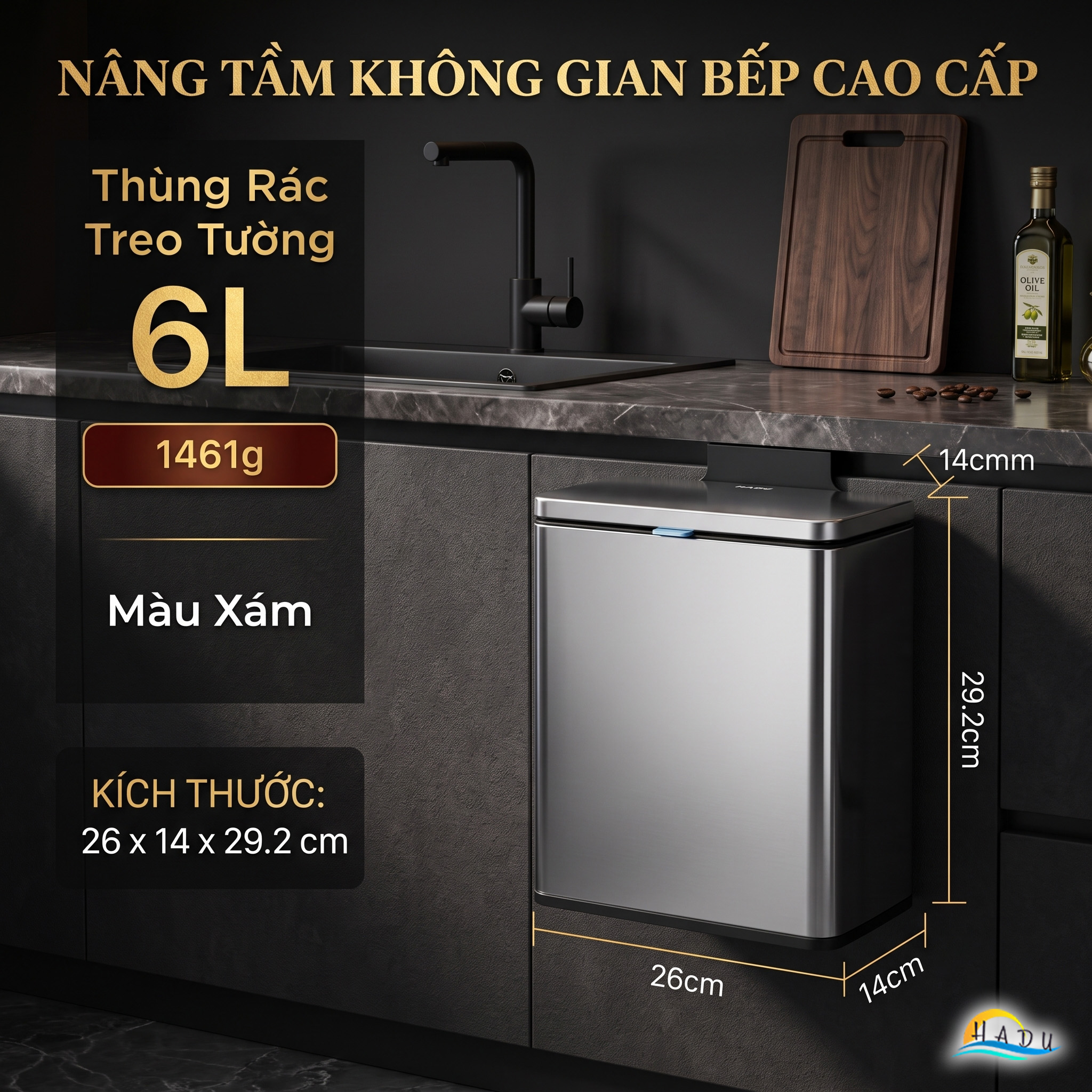 Thùng Rác Treo Tủ Bếp CCKO 3L 6L, Khử Mùi Than Hoạt Tính, Vỏ Inox, Nhiều Màu