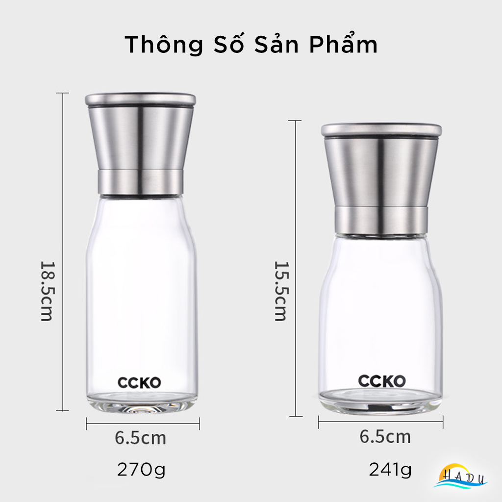 Cối Xay Tiêu Cầm Tay CCKO, Lõi Gốm, Điều Chỉnh Độ Mịn, Thân Thủy Tinh, Size Nhỏ 15.5cm