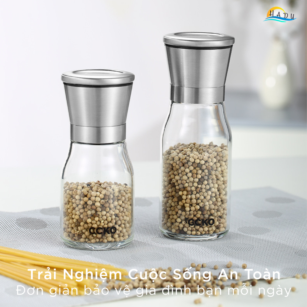 Cối Xay Tiêu Cầm Tay CCKO, Lõi Gốm, Điều Chỉnh Độ Mịn, Thân Thủy Tinh, Size Nhỏ 15.5cm