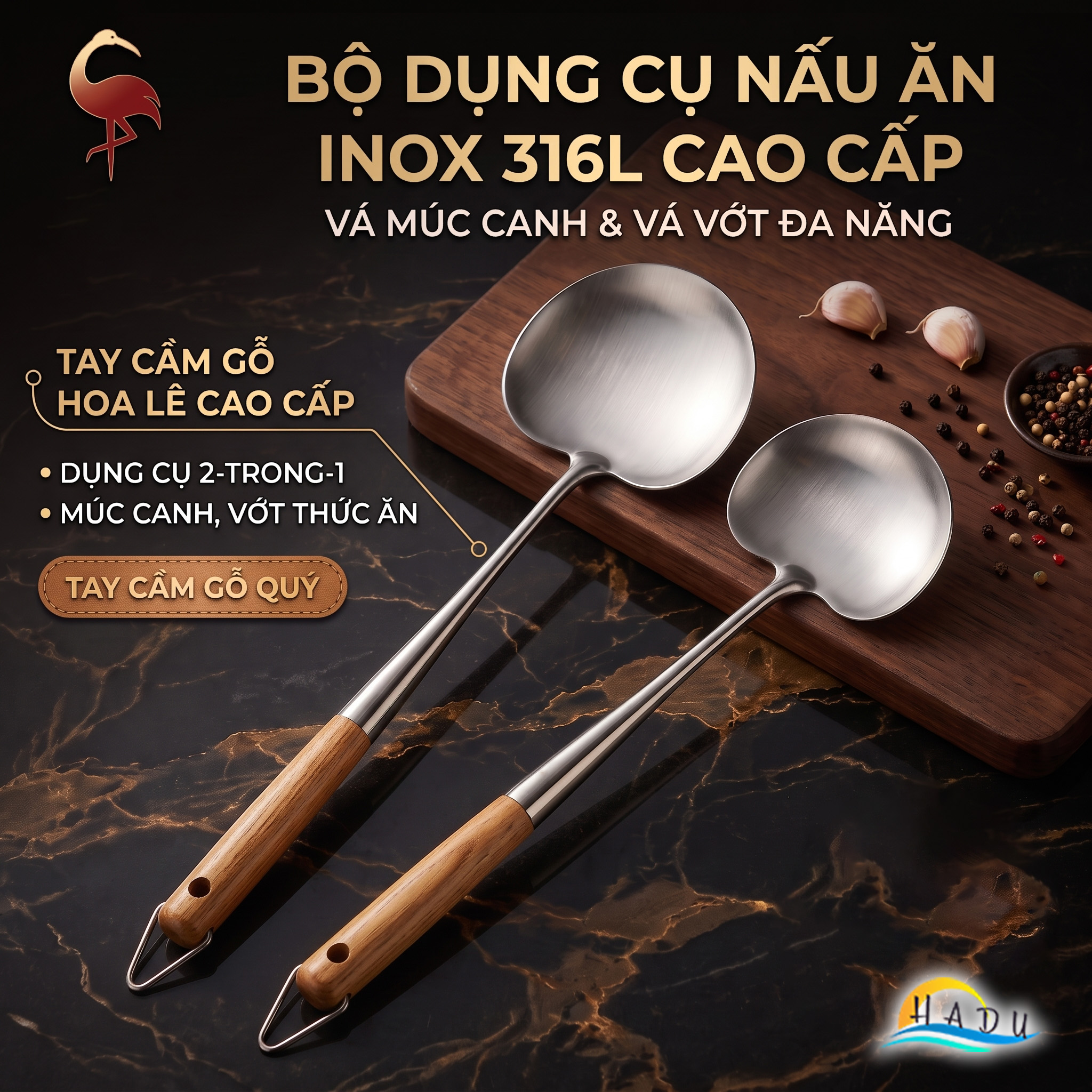 Xẻng Nấu Ăn Inox 316L SSGP Cán Gỗ Cách Nhiệt, Sạn Xào Mặt Cong Lòng Sâu Múc Canh Đa Năng 2in1