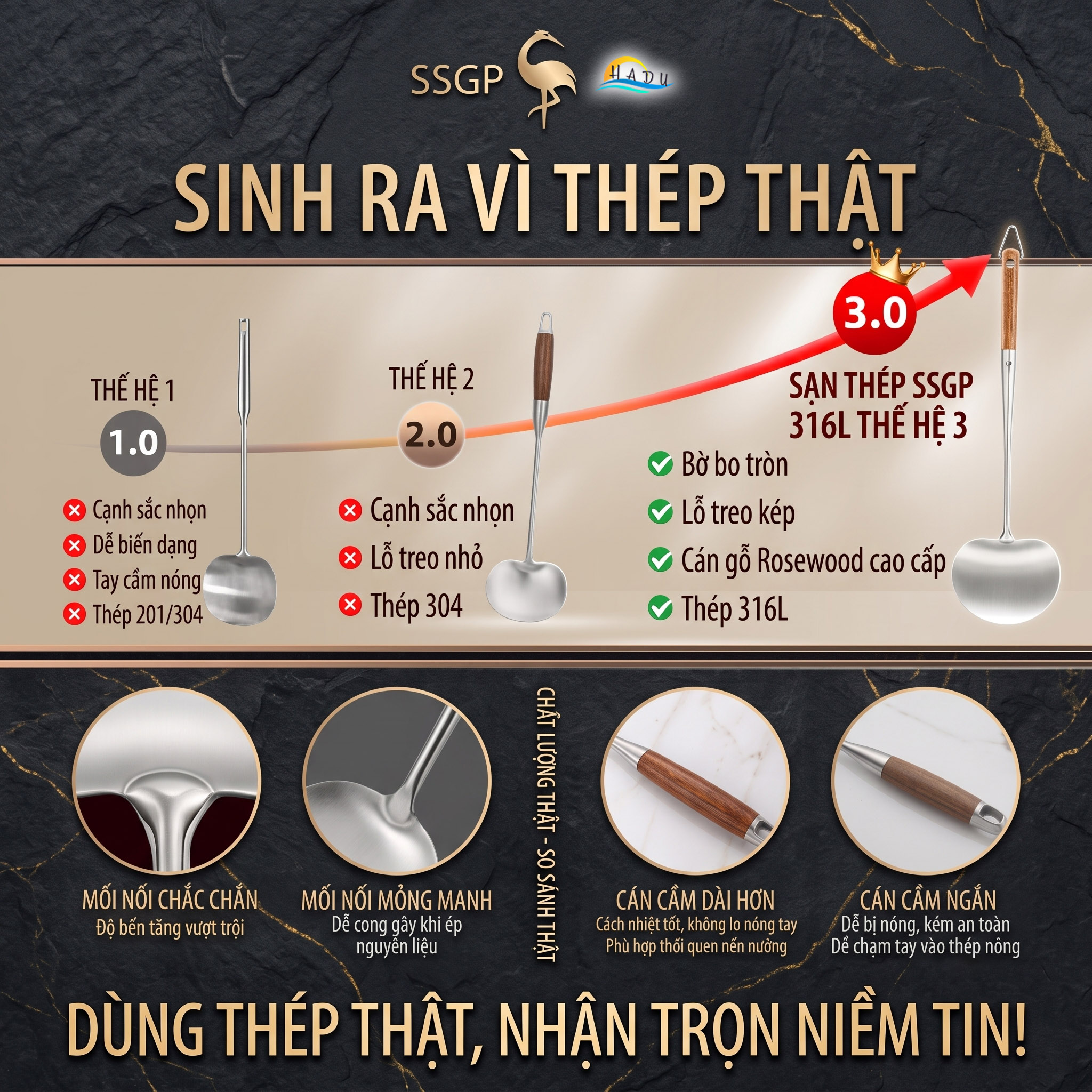 Xẻng Nấu Ăn Inox 316L SSGP Cán Gỗ Cách Nhiệt, Sạn Xào Mặt Cong Lòng Sâu Múc Canh Đa Năng 2in1