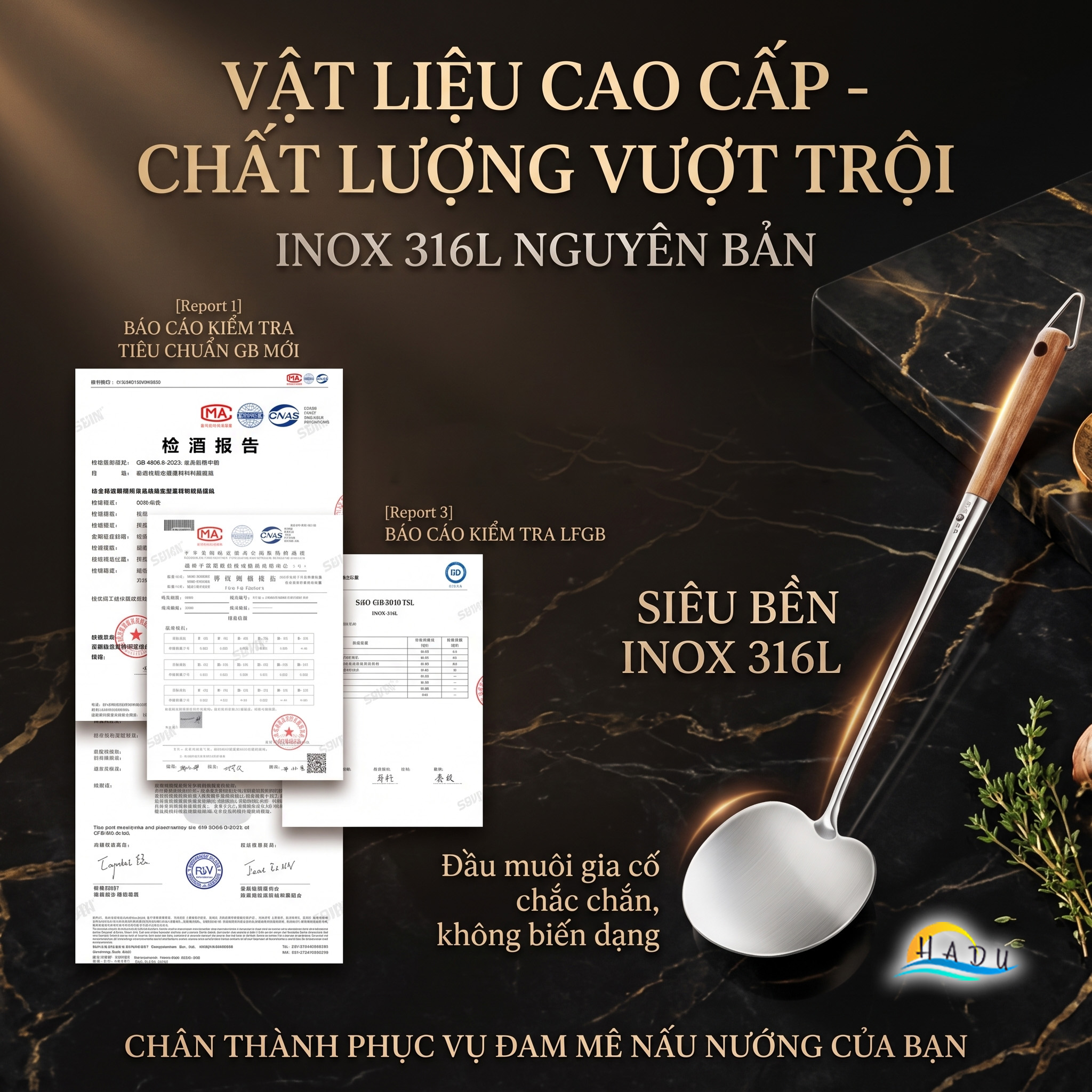Xẻng Nấu Ăn Inox 316L SSGP Cán Gỗ Cách Nhiệt, Sạn Xào Mặt Cong Lòng Sâu Múc Canh Đa Năng 2in1
