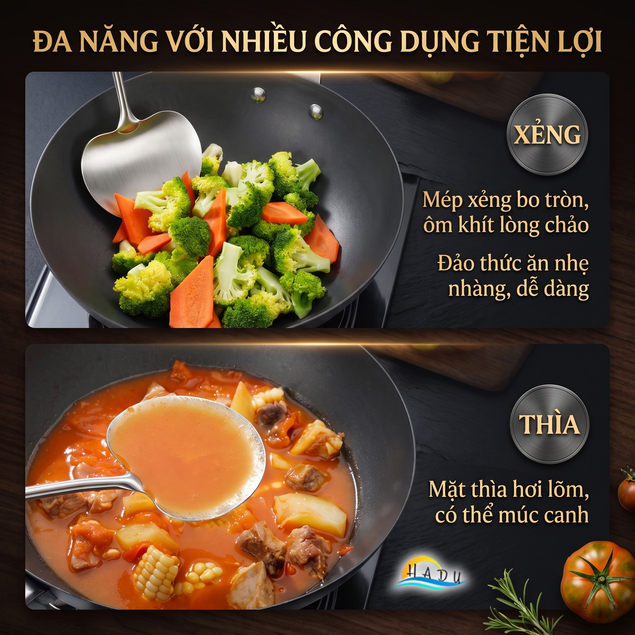 Xẻng Nấu Ăn Inox 316L SSGP Cán Gỗ Cách Nhiệt, Sạn Xào Mặt Cong Lòng Sâu Múc Canh Đa Năng 2in1