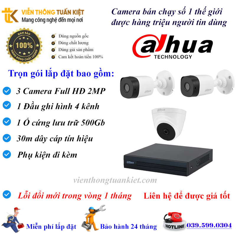 Trọn bộ 3 Camera DAHUA FULL HĐ 1080P