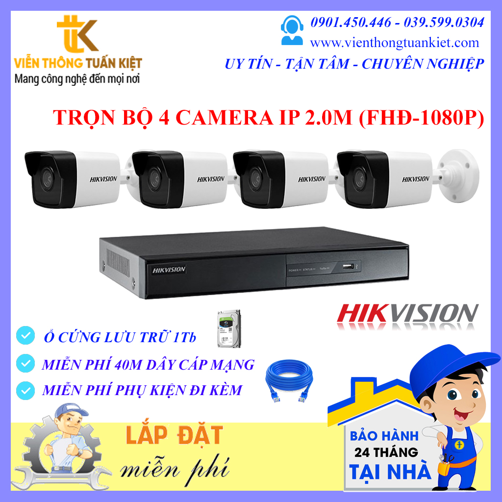 Trọn bộ 4 camera IP Hikvision 2.0Mp FHĐ-1080P ( DS-2CD1023G0E-I(L) )