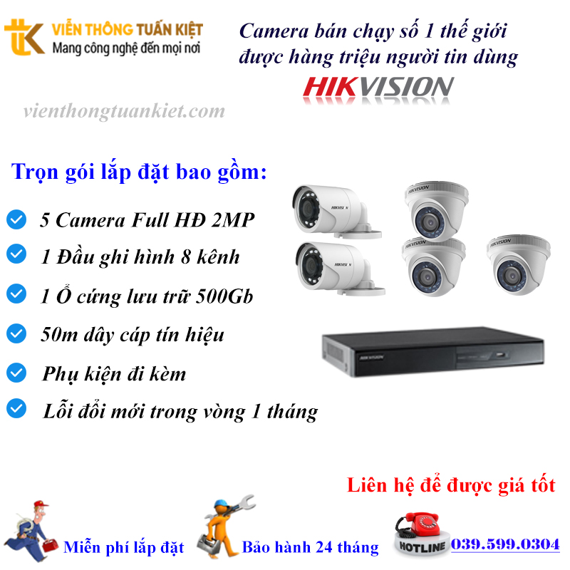 Trọn bộ 5 Camera Hikvision FULL HĐ 2MP