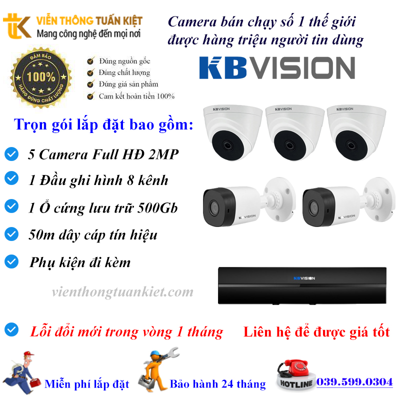 Trọn bộ 5 camera KBVISION FULL HĐ 1080P