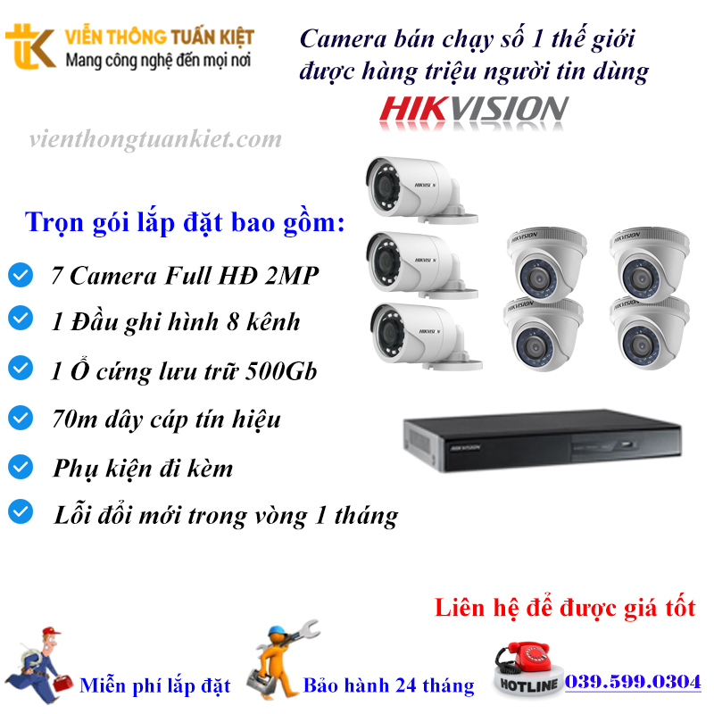Trọn bộ 7 Camera Hikvision FULL HĐ 2MP