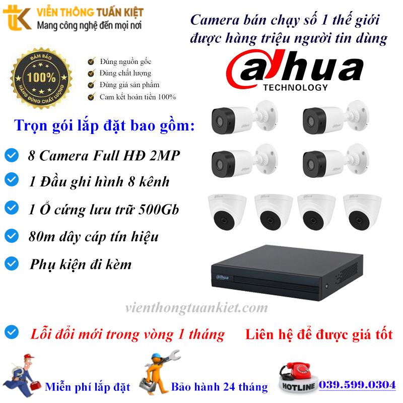 Trọn bộ 8 Camera DAHUA FULL HĐ 1080P