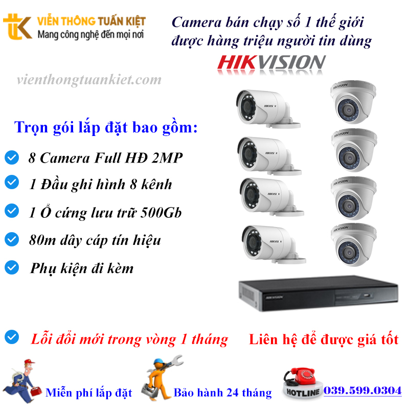 Trọn bộ 8 Camera Hikvision FULL HĐ 2MP