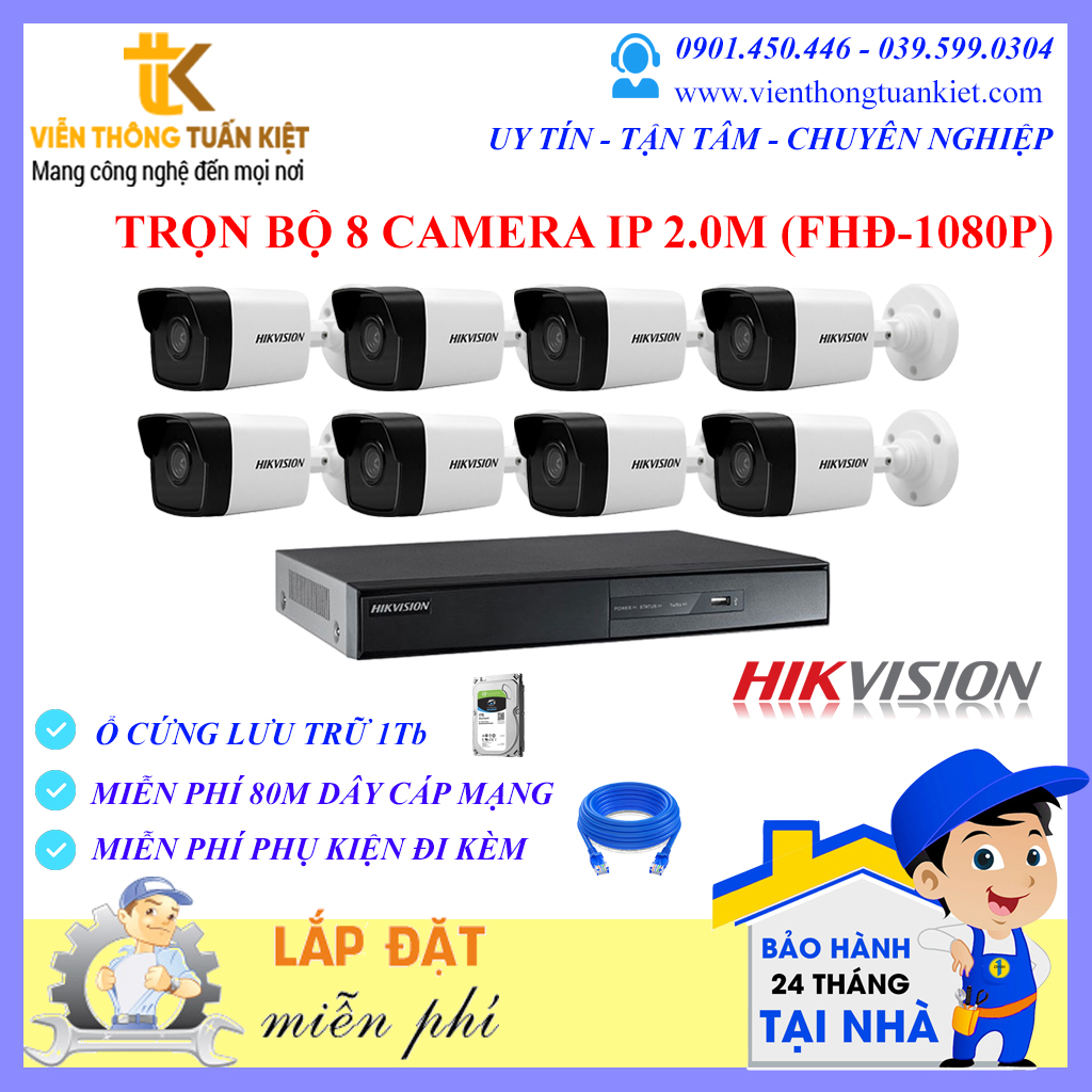 Trọn bộ 8 camera IP Hikvision 2.0Mp FHĐ-1080P ( DS-2CD1023G0E-I(L) )