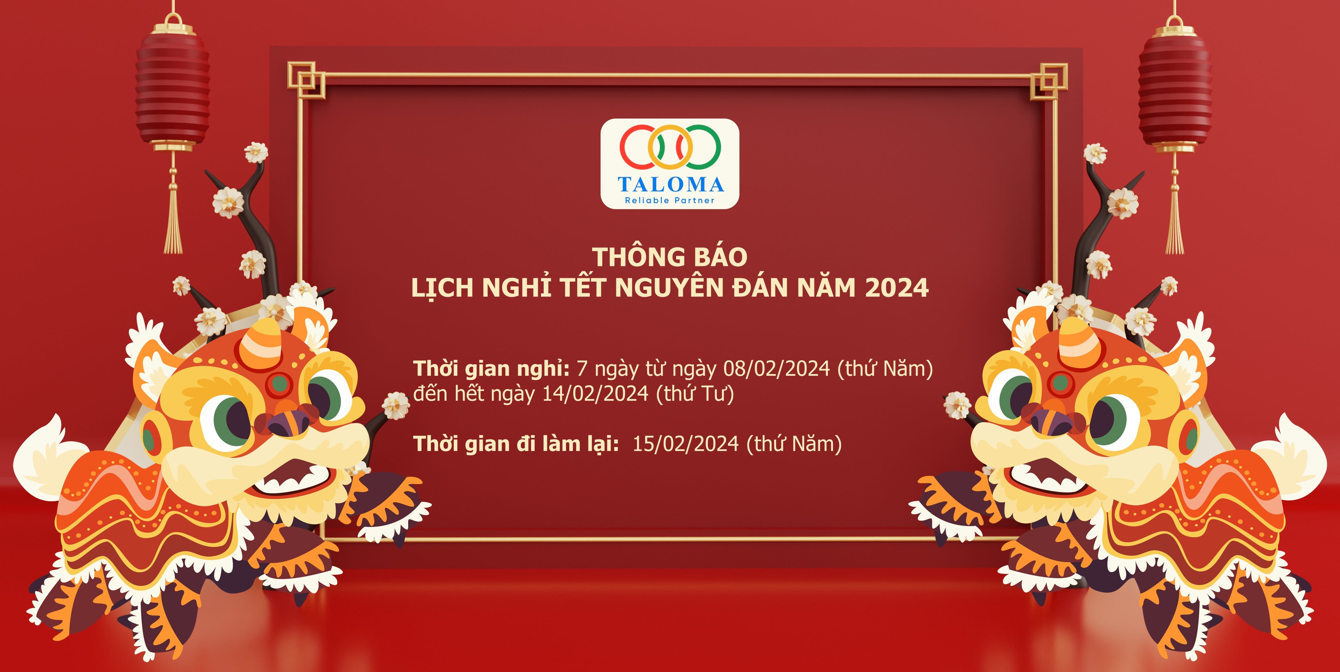TALOMA Thông báo Lịch nghỉ Tết Nguyên Đán xuân Giáp Thìn năm 2024