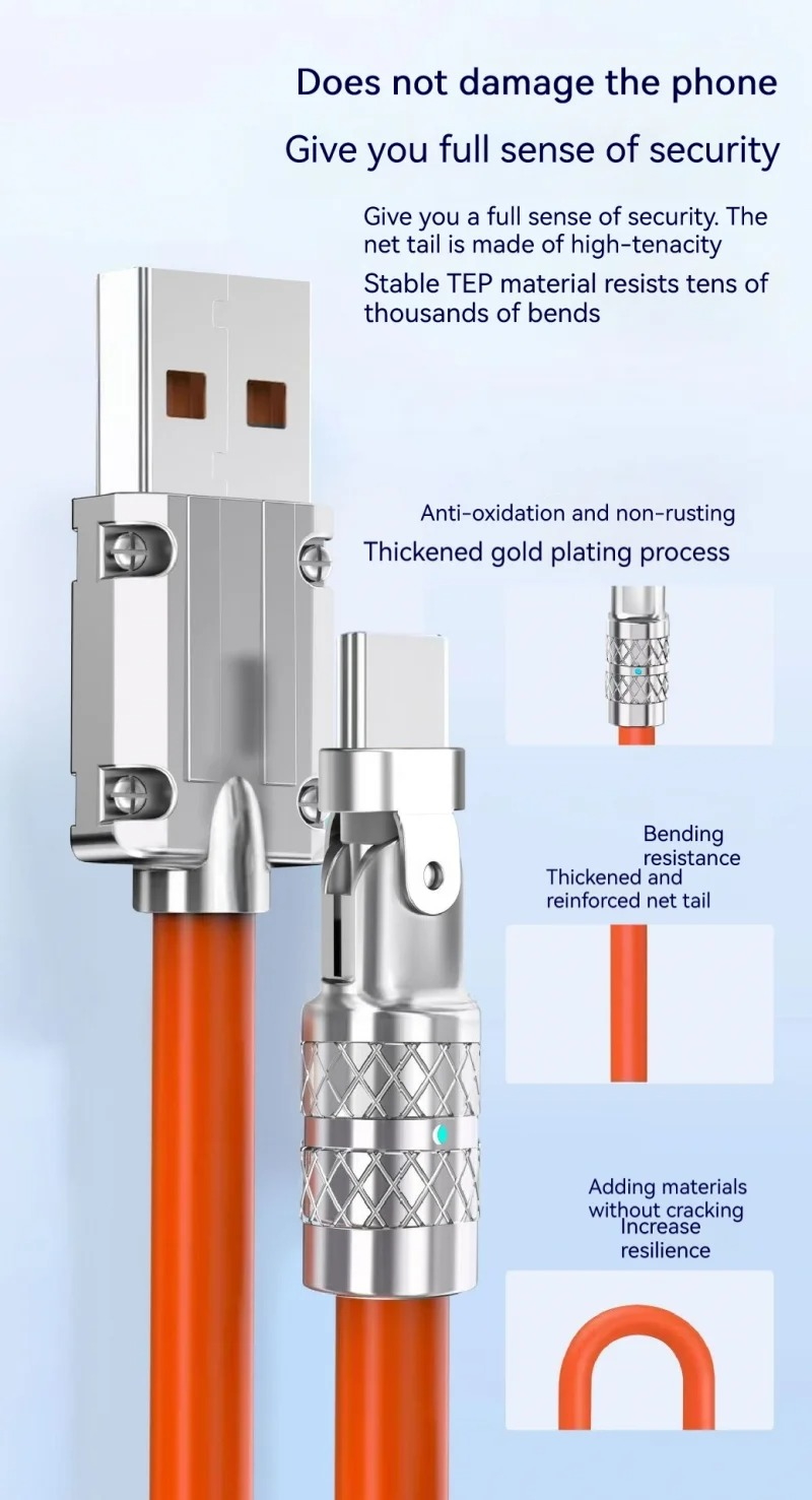Dây sạc nhanh 120w 180 Degree Rotating USB data Charging Cable USB Type-A Type-C Lightning iphone android