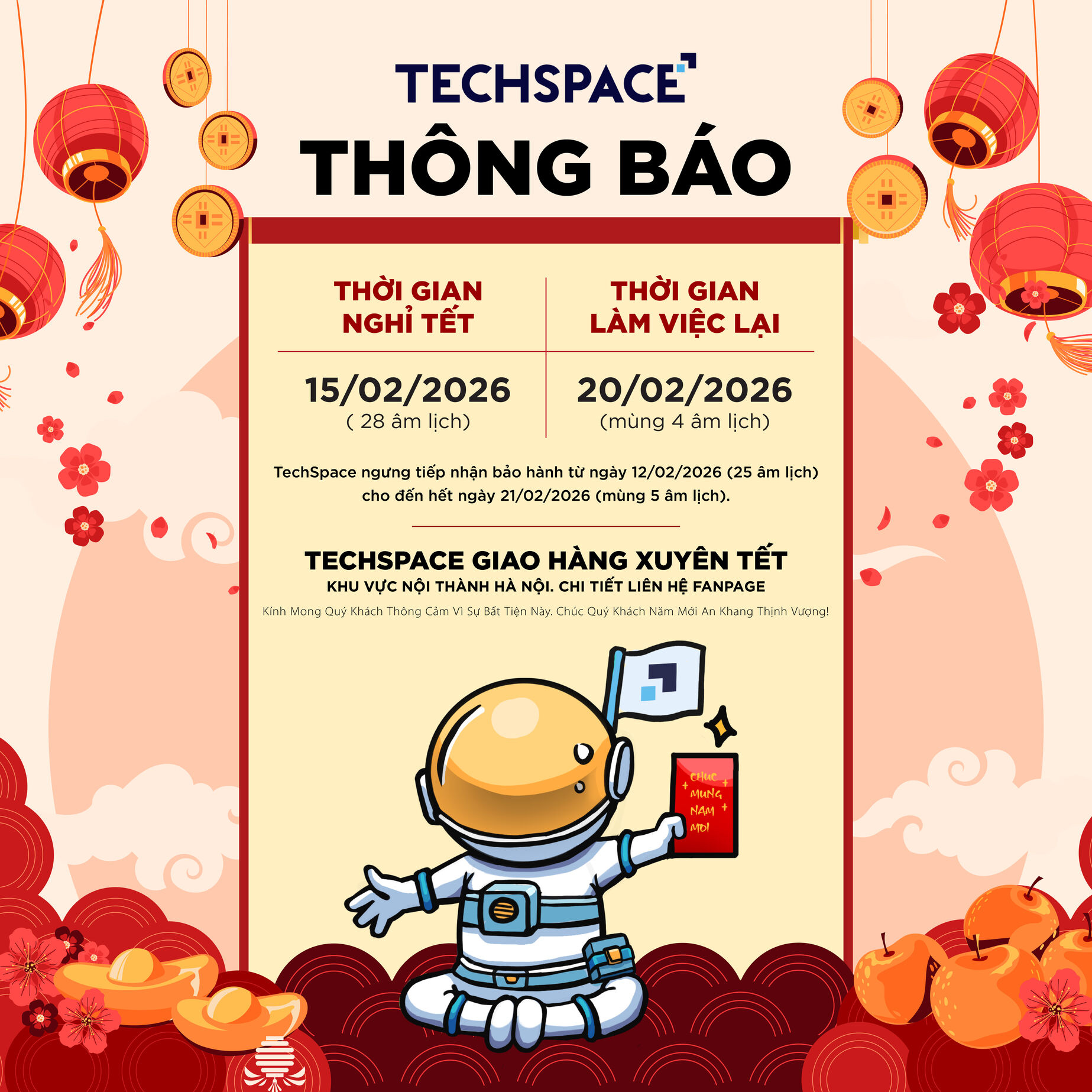 TechSpace Thông Báo Lịch Nghỉ Tết Bính Ngọ 2026