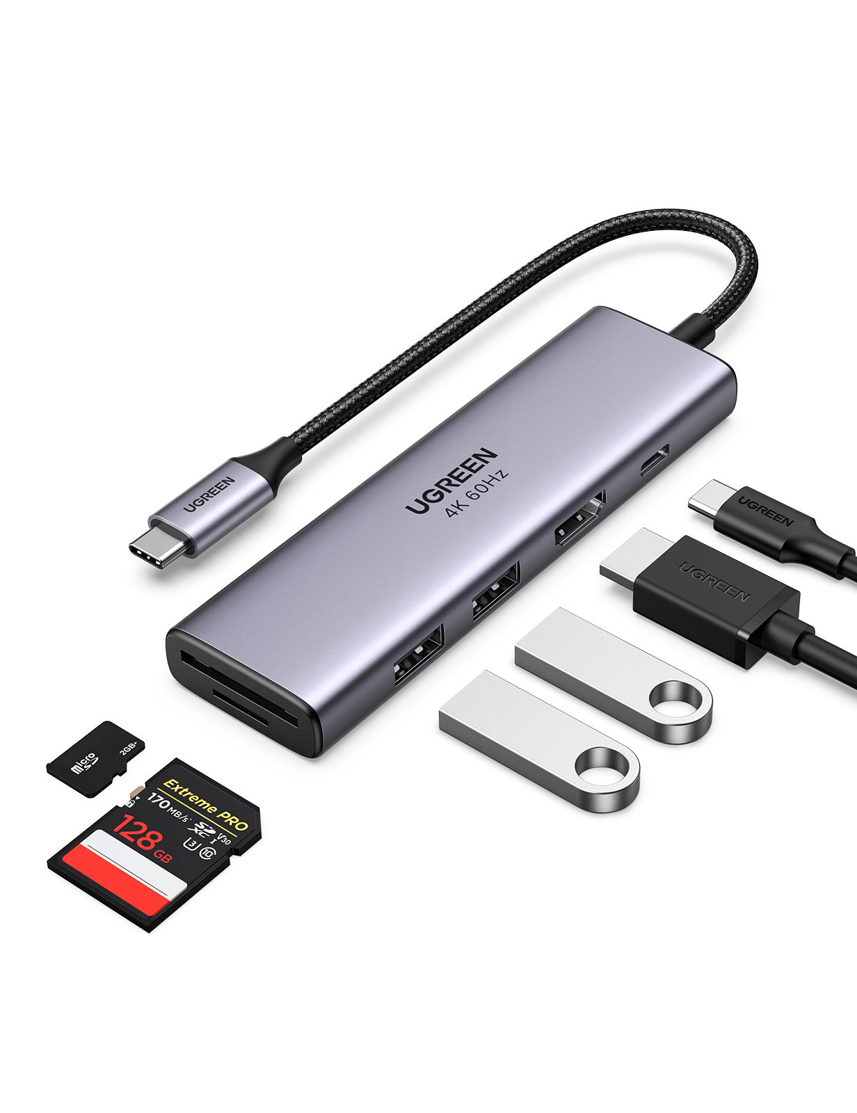 Thiết bị mở rộng Type-C 5 in 1 Sang HDMI 4K@60HZ + USB 3.0*2 + SD/TF + PD 100W Ugreen 60384 cao cấp