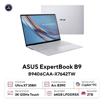 Laptop ASUS ExpertBook Ultra B9 B9406CAA-X7642TW Ultra X7 358H RAM 64GB SSD 2TB 14" 3K OLED 120 Hz Touch