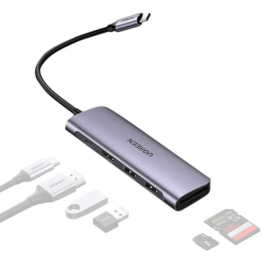 Thiết bị mở rộng USB type C sang HDMI, USB 3.0, đọc thẻ SD/TF, hỗ trợ sạc USB C Ugreen 70411