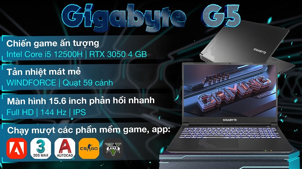 Laptop Gigabyte Gaming G5 i5 12500H (GE-51VN263SH) 8GB/512GB/15.6"FHD/RTX3050 4GB/Win11