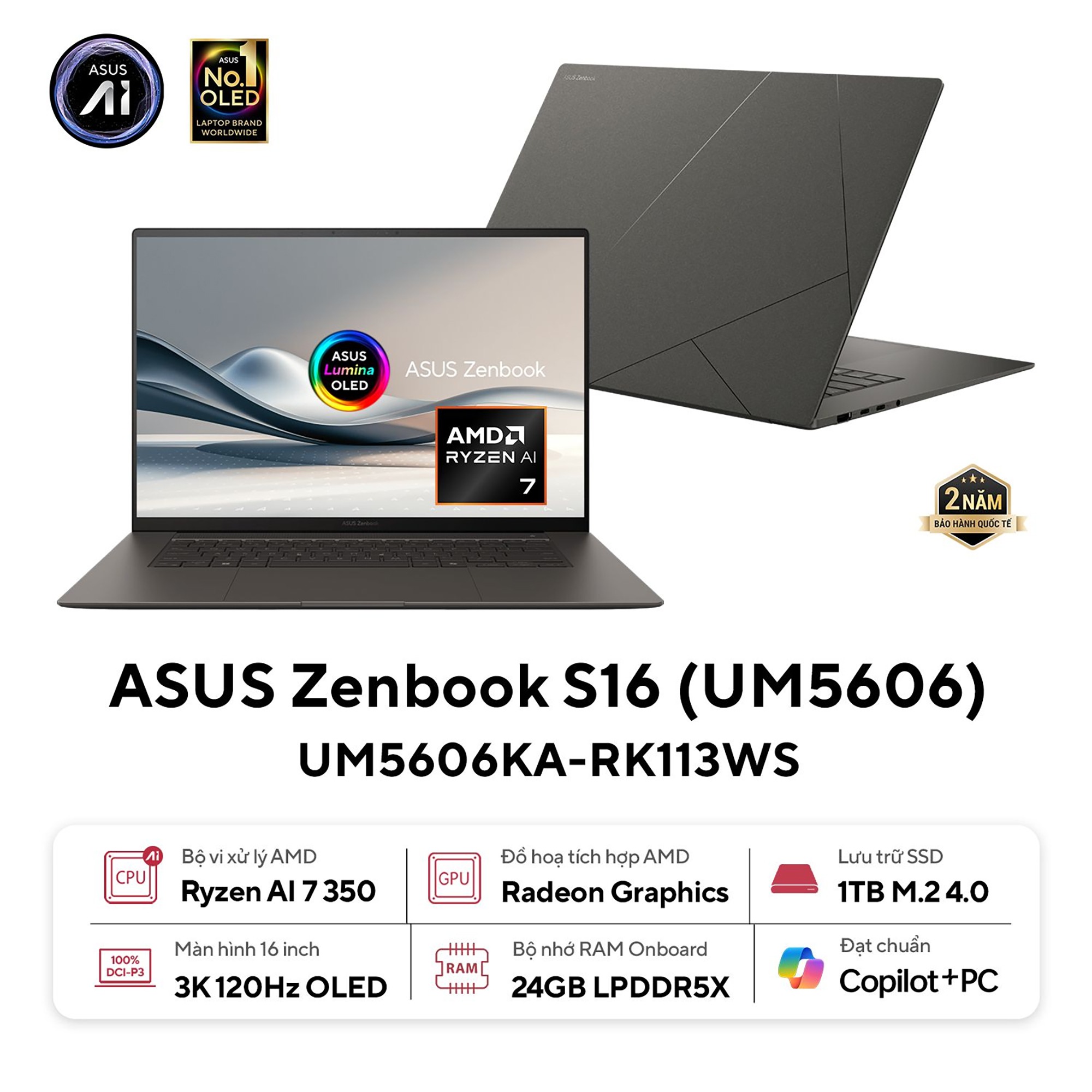 Laptop ASUS Zenbook S16 UM5606KA-RK113WS - AI 7 350, 24GB, 1TB, 3K OLED 120Hz