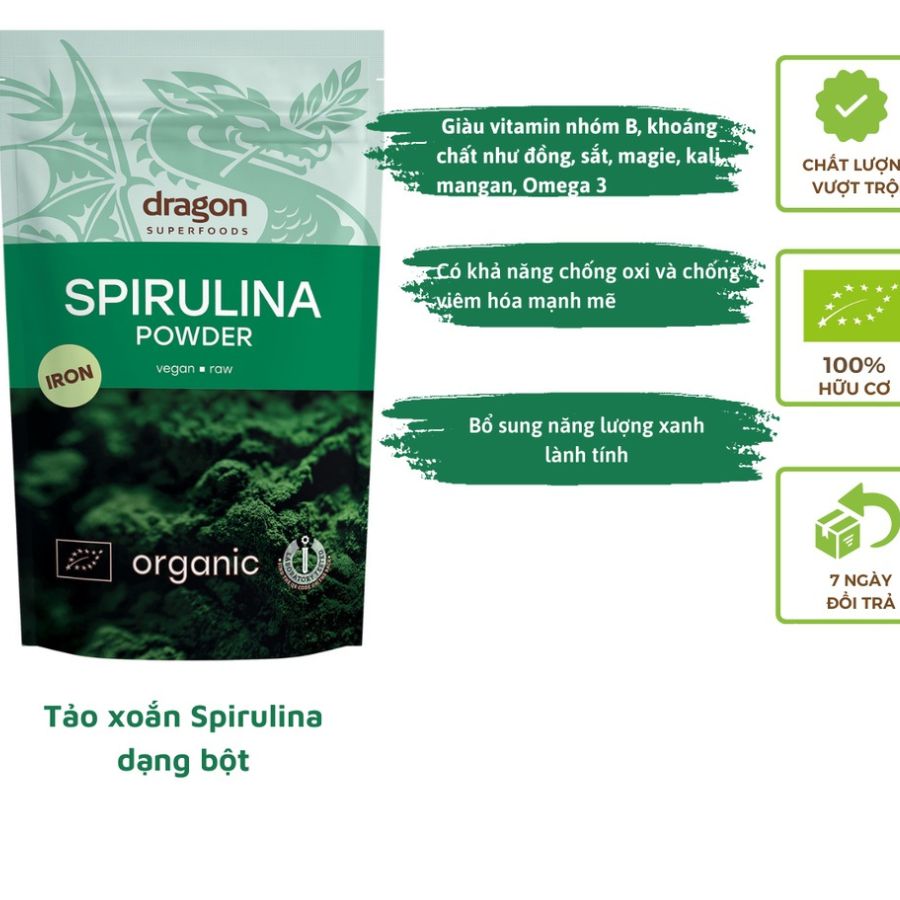 Bột tảo xoắn Spirulina hữu cơ 200g Dragon superfood