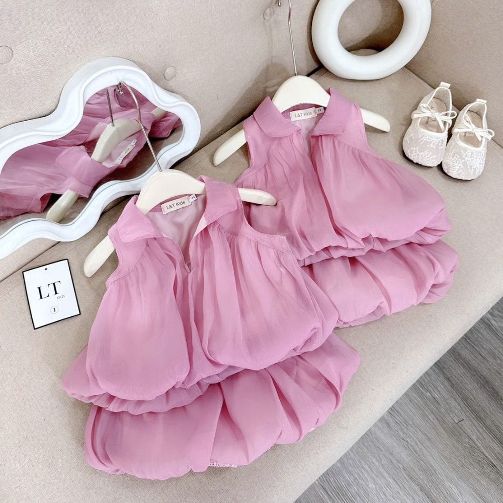 Set bộ áo tơ cổ V hồng dáng bí 2 lớp cho bé gái