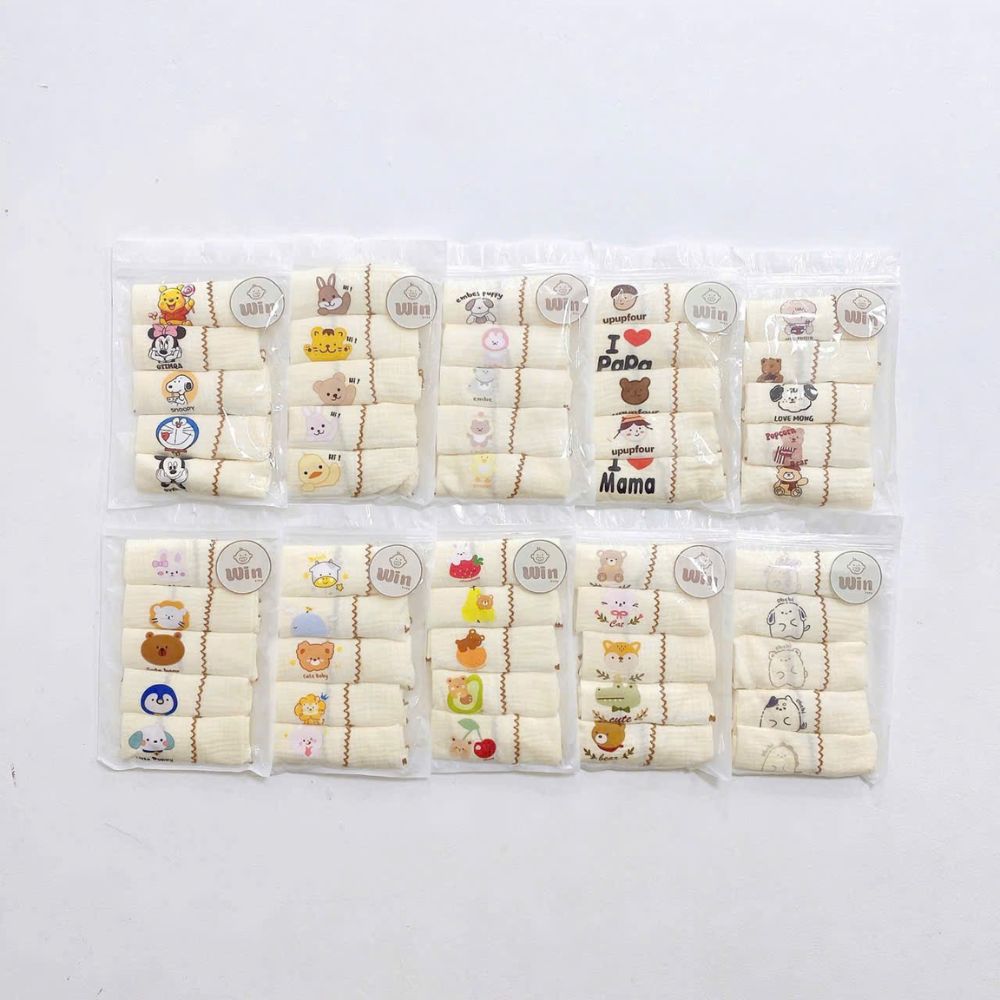 Set 5 khăn sữa xô muslin Win bo viền nâu in hình cho bé