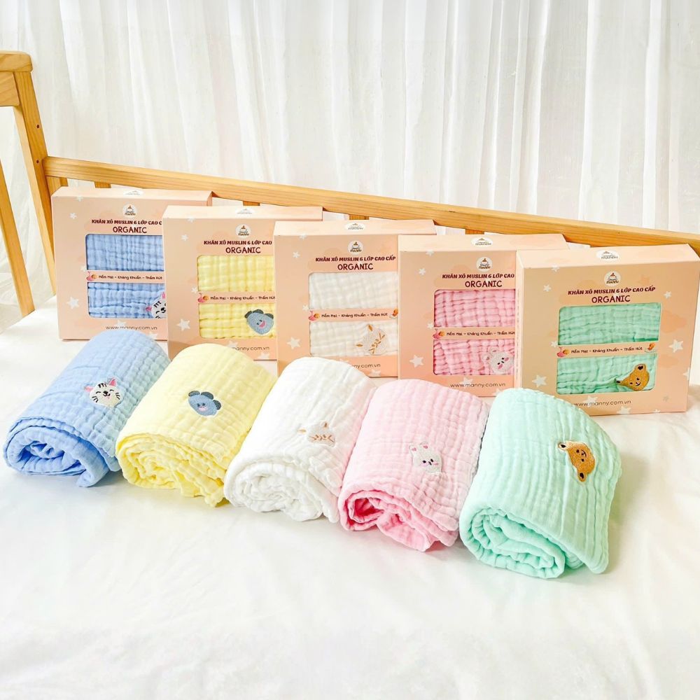 Khăn tắm xô muslin 6 lớp organic Manny thêu gấu thỏ