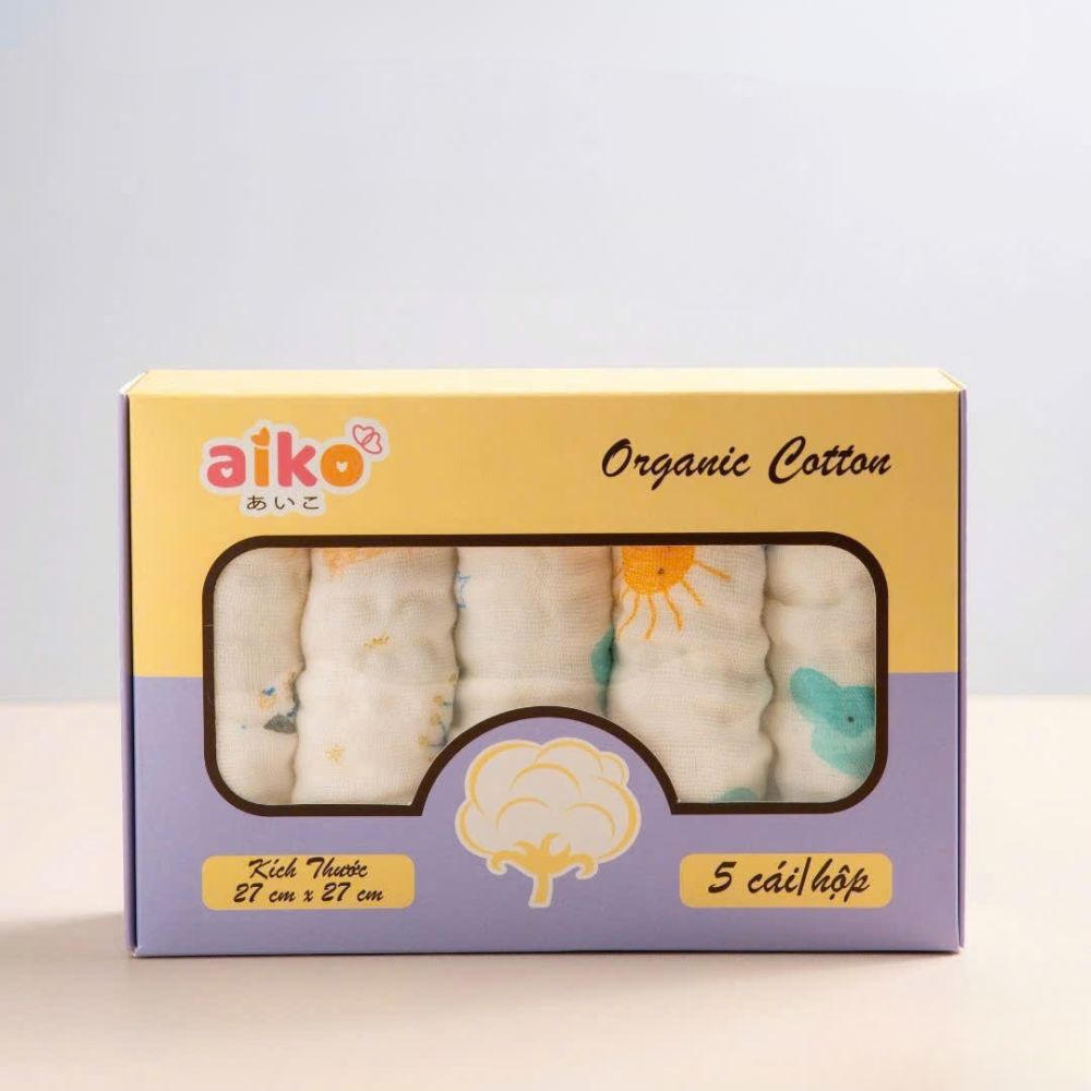 Set 5 khăn sữa xô nhăn Aiko 6 lớp 27x27cm cho bé