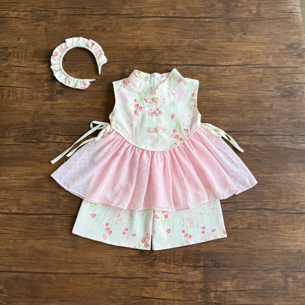 Set bộ cổ tàu nơ eo họa tiết hoa Tulip cho bé