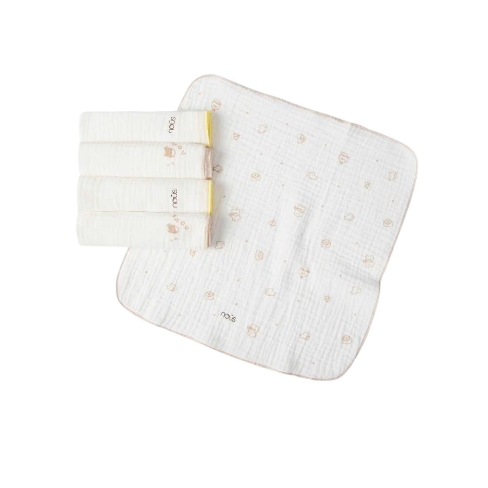 Set túi 5 khăn sữa Nous bo viền vàng nâu in họa tiết