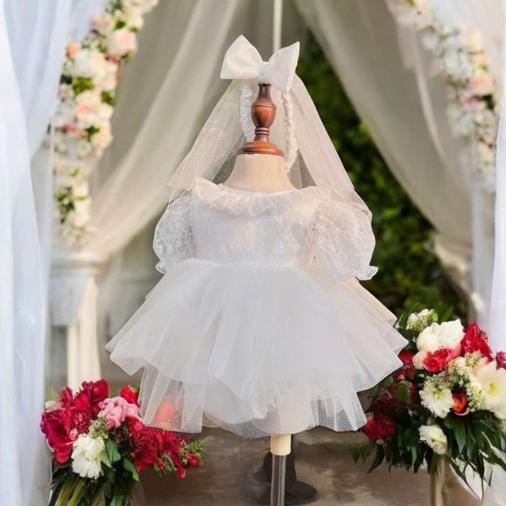 Body váy ren phối lưới mềm kèm turban cho bé