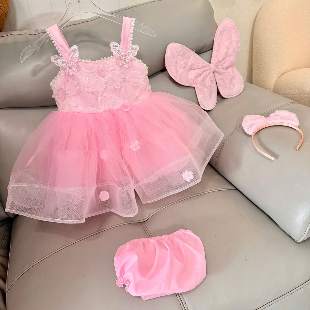 Đầm váy công chúa hồng 2 dây tùng cước cánh bướm