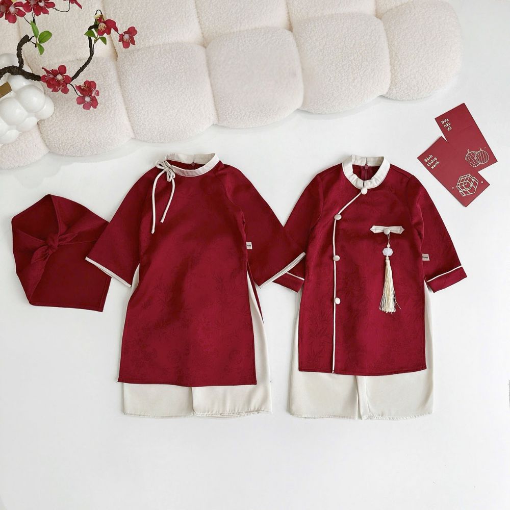 Set áo dài gấm hoa đỏ phối quần trắng Sce Kids cho bé
