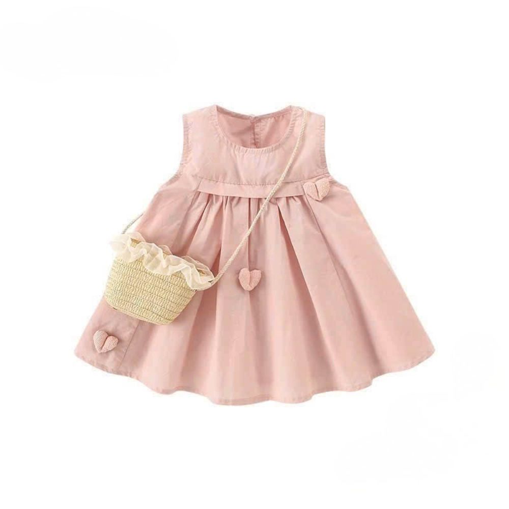 Đầm váy babydoll tim hồng kèm túi cói cho bé gái