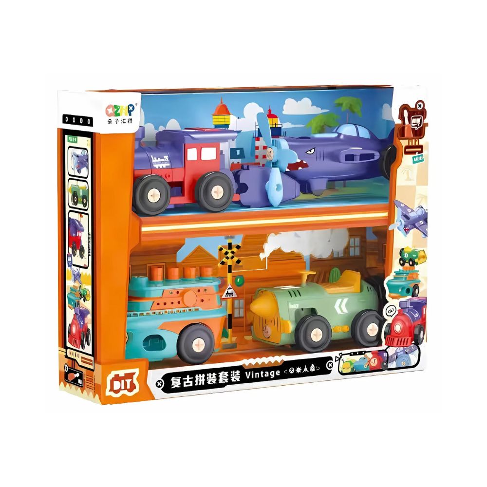 Hộp đồ chơi 4 xe tháo lắp retro chạy pin cho bé