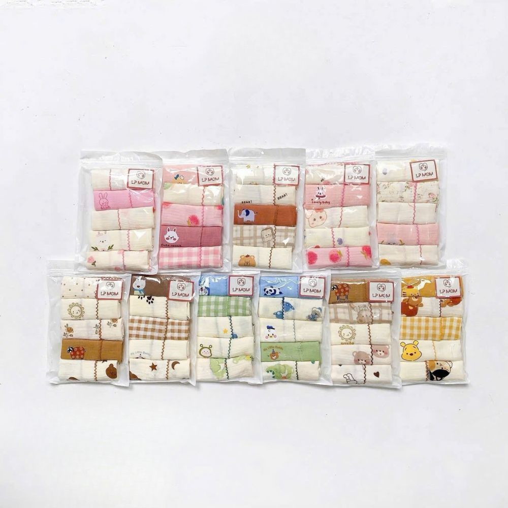 Set 5 khăn sữa xô muslin LP Mom phối màu hoạt hình cho bé