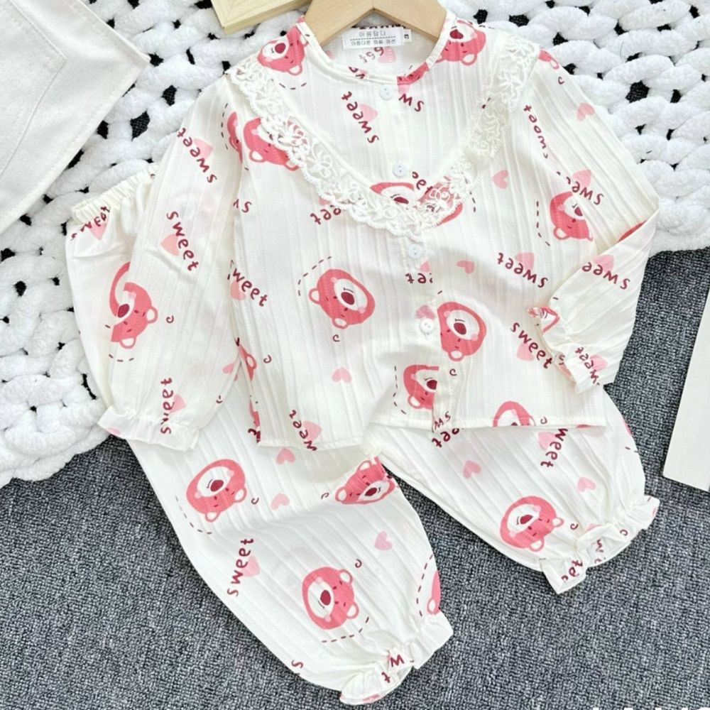 Bộ pijama dài chất đũi gân in họa tiết