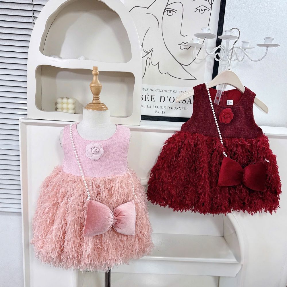 Đầm váy dạ hoa trà phối lông kèm túi nơ cho bé gái