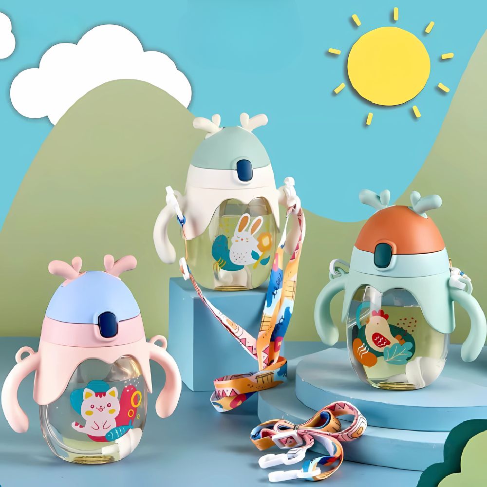 Bình nước tai tuần lộc có dây đeo và tay cầm 350ml