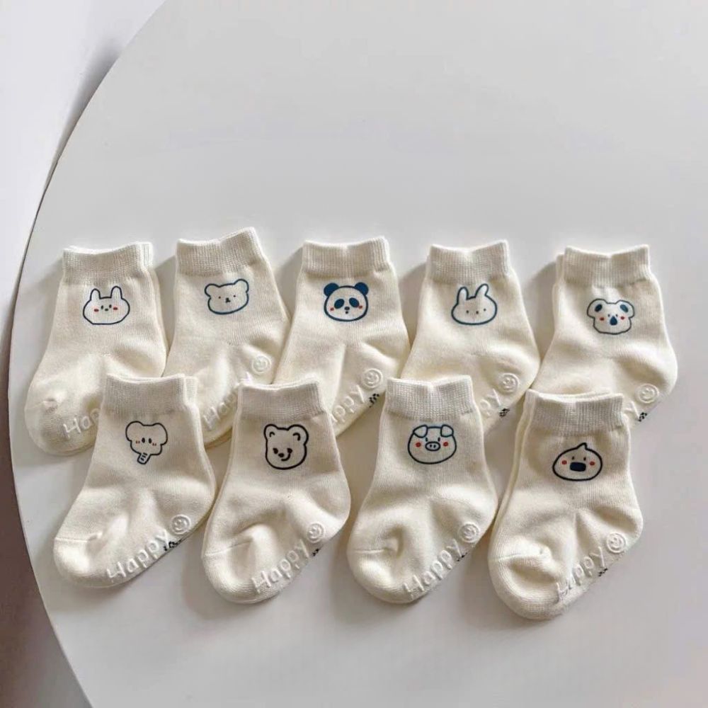 Tất vớ Happy chống trượt trắng kem hoạt hình cho bé
