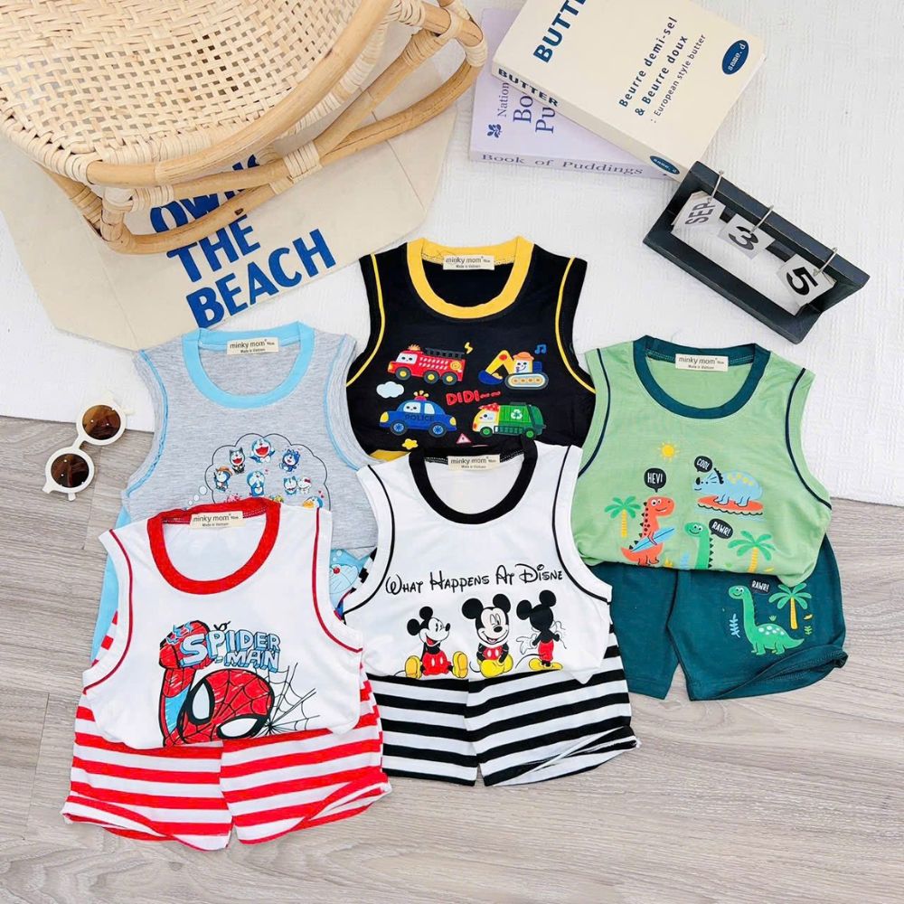Bộ 3 lỗ thun lạnh Minky mom hoạt hình cho bé