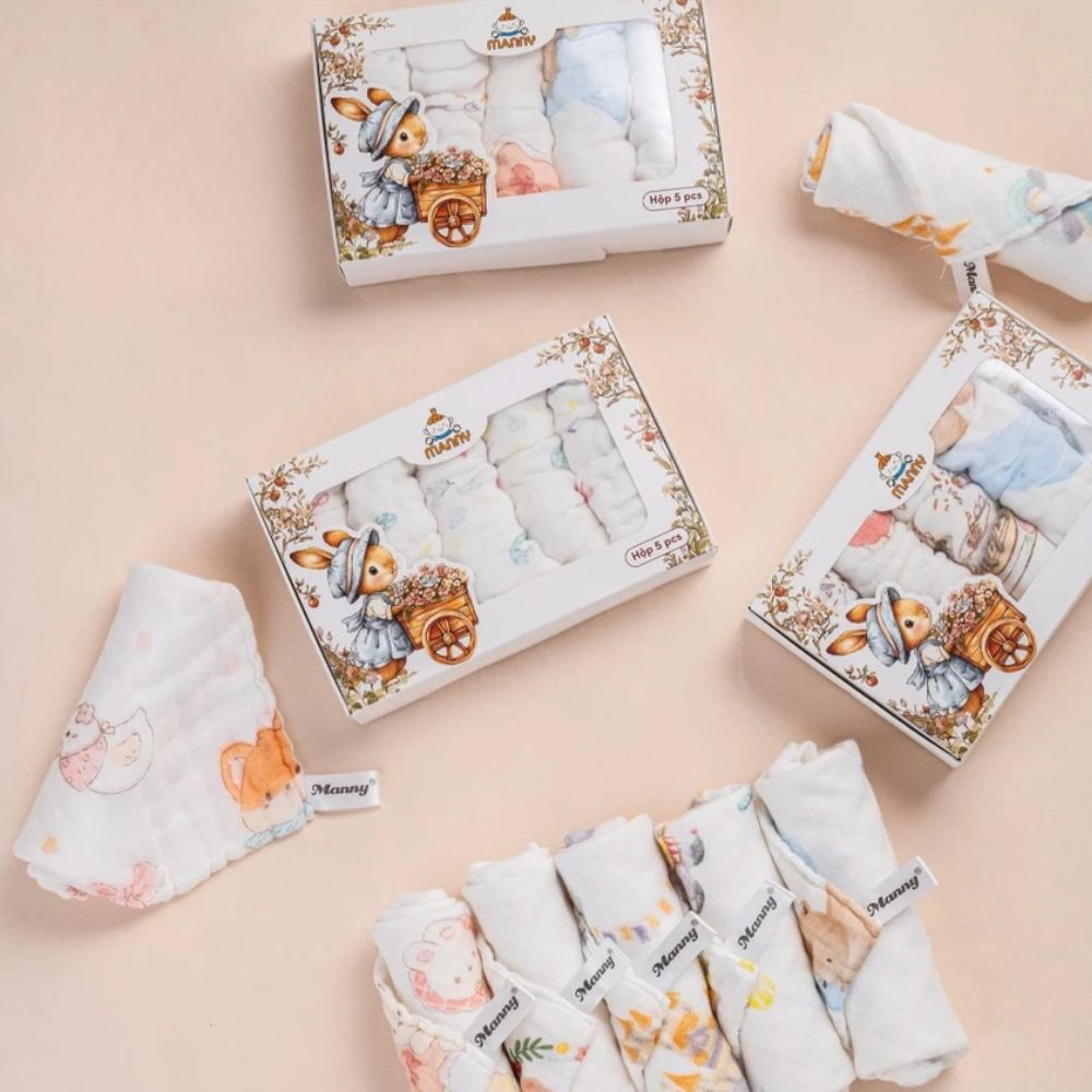Hộp 5 khăn sữa 6 lớp Manny họa tiết cổ tích